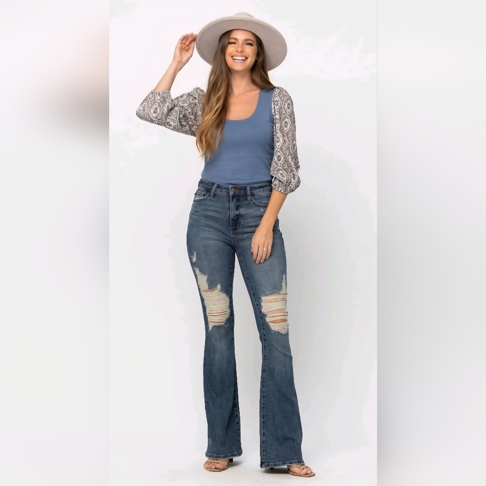 Judy Blue High Rise Dark Wash Distressed Flare Denim Jeans Stretch 11/30 NEW